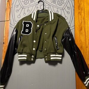 Olive Green Varsity Jacket with Black Sleeves